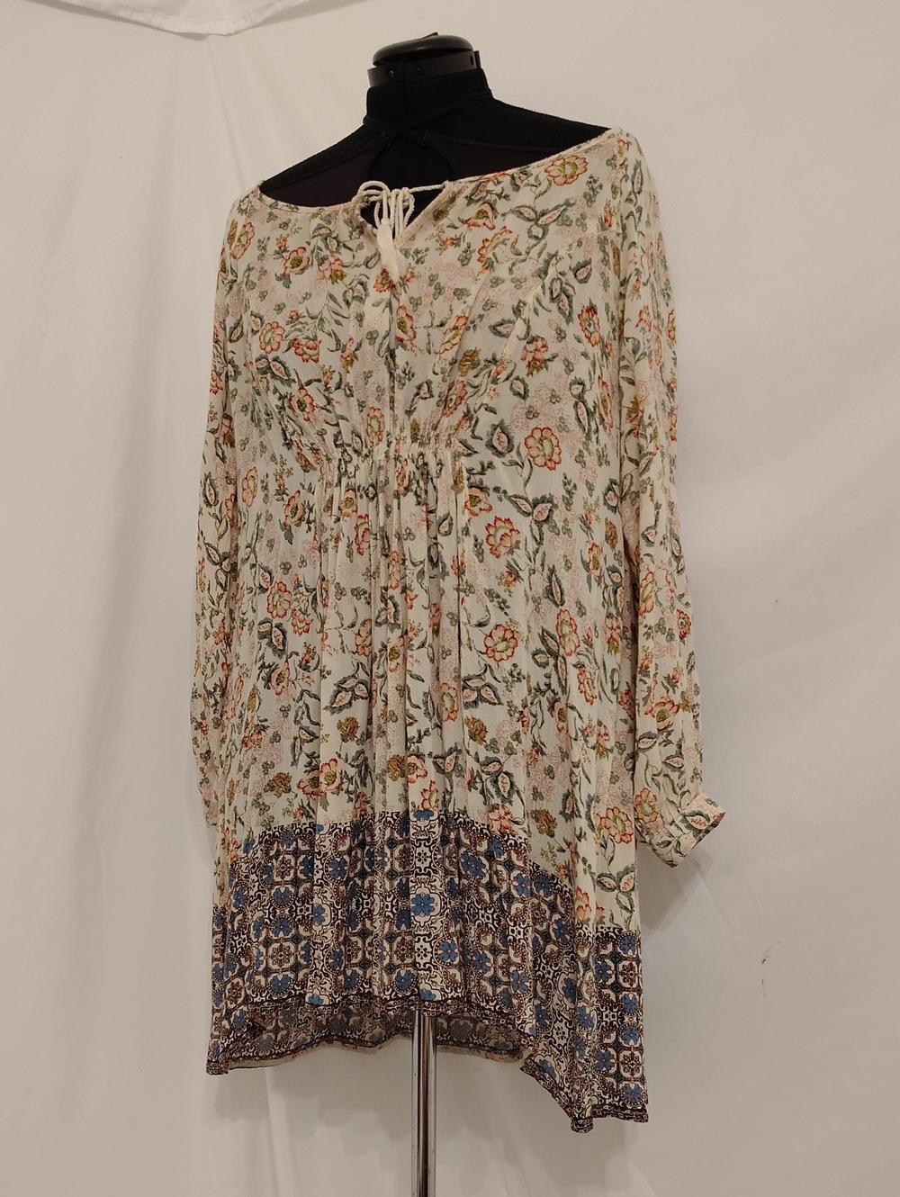 J. Glen Floral Mini Dress in Cream with Blue Border